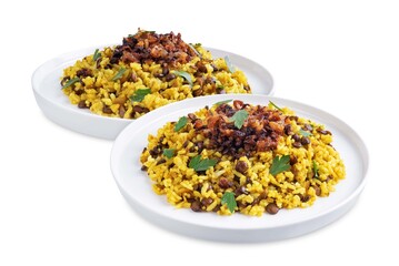 Fried onion lentil fried rice in a plate, moujadara on a white isolated background
