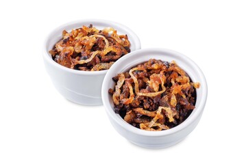 Caramelized onion in a bowl on a white isolated background