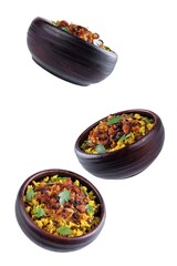 Fried onion lentil fried rice in a plate, moujadara on a white isolated background