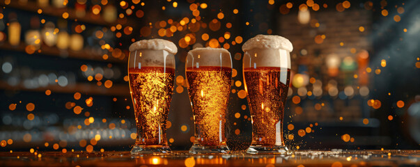 Row of mugs with cold fresh golden beer on wooden table on blurred background. Craft beer on glasses Oktoberfest, international beer day and St. Patrick's day celebration in a pub or bar. Copy space