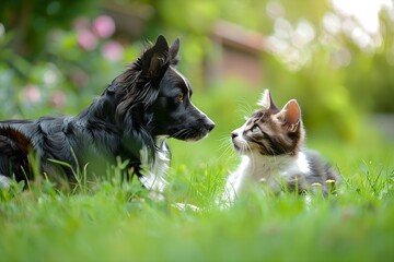 Fototapeta premium Dog with cat relaxing in colorful garden with flowers. Relaxation and resting concept. Gardening and natural beauty. Banner, poster. Pet friendship