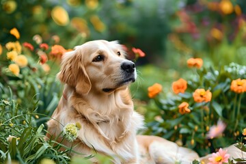 Dog relaxing in colorful garden with flowers. Relaxation and resting concept. Gardening and natural beauty. Banner, poster 