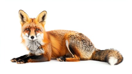 Fototapeta premium A beautiful red fox isolated on a white background. The fox is sitting with its paws in front of him and looking at the camera.