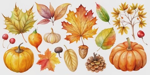 Autumn Watercolor Illustration A Collection of Leaves, Pumpkins, and Other Elements, Watercolor Painting, Fall Decor, Harvest Season, Nature Art