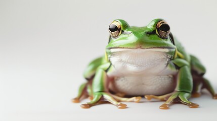 Obraz premium A cute green frog is sitting on a white background. The frog has big, round, golden eyes and a friendly smile.