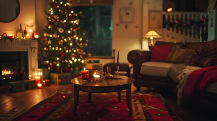 Festive decorations in living room at night