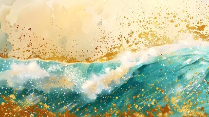 Gold glitter ocean wave with watercolor texture