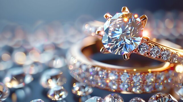 Exquisite close up of a diamond engagement ring with a large center stone and smaller accent diamonds on the band.