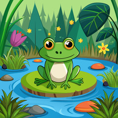 Fototapeta premium frog, cartoon, animal, green, amphibian, vector, illustration, toad, water, nature, pond, cute, wildlife, funny, eye, smile, leaf, happy, isolated, character, wild, sitting, comic, amphibious, jump