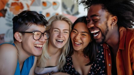 Happy multiracial team laughing and working together