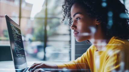 Female computer programmer writing code / futuristic hologram / augmented reality concept