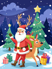 Fototapeta premium christmas, santa, winter, snow, santa claus, claus, holiday, gift, tree, xmas, cartoon, vector, illustration, snowman, celebration, card, hat, new year, gifts, snowflake, present, season, happy, decor