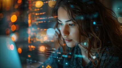 Female computer programmer writing code / futuristic hologram / augmented reality concept