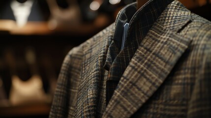 A close-up of a brown tweed jacket with a dark brown lapel. The jacket is tailored and has a slim fit.