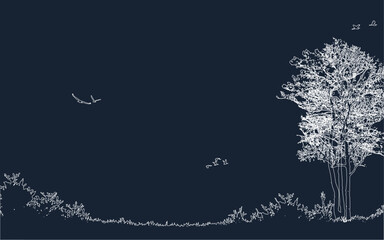 Night nature silhouette landscape background Line vector wallpaper birds flying sky trees beautiful nature scene outline illustration for cover poster banner web dark theme wallpaper