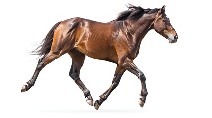 Obraz premium é§¿é¦¬åœ¨ç™½è‰²èƒŒæ™¯ä¸‹å¥”è·‘ï¼Œé¬ƒæ¯›å’Œå°¾å·´åœ¨é¢¨ä¸­é£„æšã€‚å®ƒè‚Œè‚‰ç™¼é”ï¼Œå››è‚¢ä¿®é•·ï¼Œå¥”è·‘èµ·ä¾†å¦‚ç–¾é¢¨ä¸€èˆ¬ã€‚