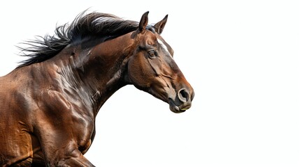 Obraz premium A beautiful brown horse with a long flowing mane is captured in mid-stride.