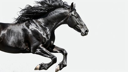 A beautiful black horse with a long flowing mane is running at full speed. The horse is isolated on a white background, which makes it stand out.