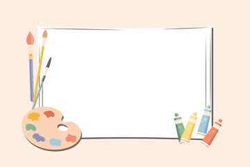 Blank canvas, oil paint in tubes, brushes, painting tools. Art supplies, accessories for creativity and hobbies. Poster, illustration