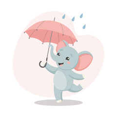 Cute baby elephant with an umbrella in the rain. Autumn children's illustration, print, card