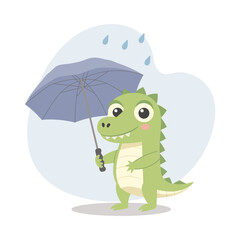 Cute baby crocodile with an umbrella in the rain. Autumn children's illustration, print, card