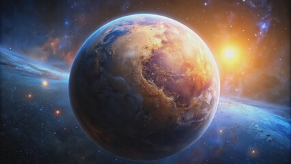 Fototapeta premium Cosmic Sunrise A Glimpse of a Distant World, digital art, planet, stars, sun, space exploration, galaxy