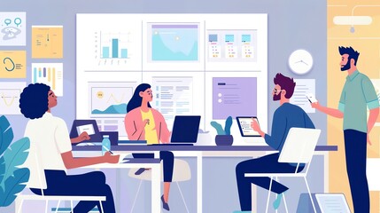 A group of business professionals are working together in an office. They are discussing ideas and using technology to collaborate.