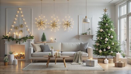 Cozy Christmas Living Room with White Sofa and Decorated Tree, Christmas decor, living room interior, cozy Christmas, white sofa