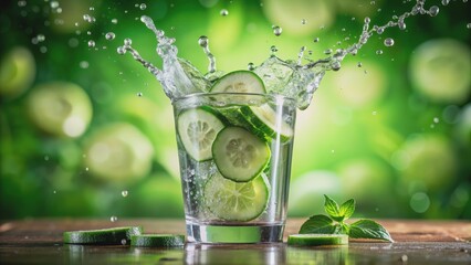 Cucumber Water Splashing in a Glass, Green Background, Freshness, Refreshing, Summer Drink , cucumber, drink