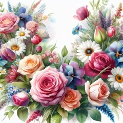 a bouquet of flowers is shown with a picture of a garden.