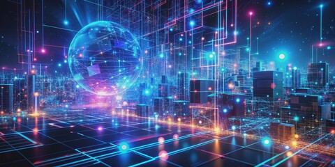Obraz premium Digital Cityscape with Glowing Lines and Connected Globe, Futuristic, Cyberpunk, Network , Technology
