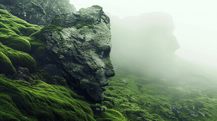 Stone rock face formation sculpture in misty foreign grassy forest remote mountain landscape ai-generated