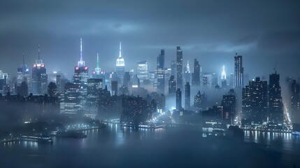 Obraz premium New York City on a foggy night with lights