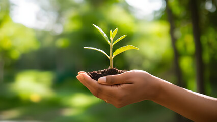 hand children holding young plant with sunlight on green nature background. concept eco earth day