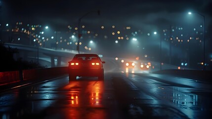 Car lights at night on the road