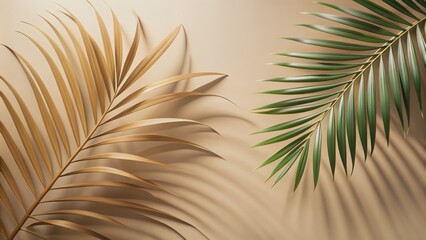 Fototapeta premium Golden and Green Palm Fronds Minimalist Background, Minimalism, Tropical, Boho, Aesthetic
