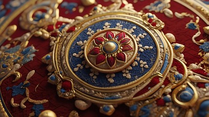 Stunning Persian carpet background of gold, blue, and red floral patterns with intricate ornate details. Perfect for luxury designs. 5