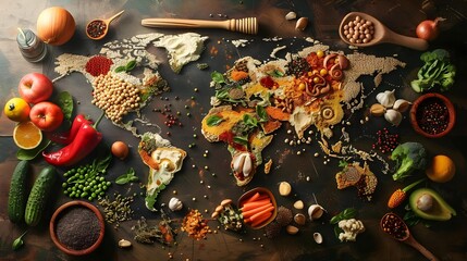 Global cuisine diversity map made of food ingredients