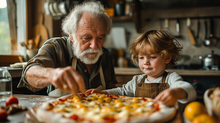 The scene captures a heartwarming moment as the grandfather and grandson bond while preparing their homemade pizza with cheese toppings