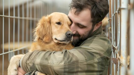 Male volunteer hugging dog in shelter