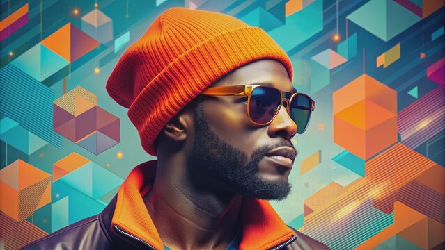 Man in Orange Beanie and Sunglasses Against Geometric Background, digital art , portrait , style , fashion - Powered by Adobe