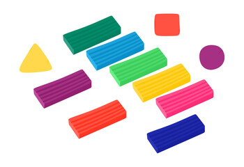 Vector colorful plasticine for kids. Hand drawn plasticine bricks for child and clay pieces in geometric shapes isolated on white background. Colored cartoon vector illustration