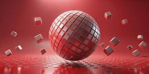 Metallic Sphere Over Red Grid, 3D Render, Abstract, Geometry, Design