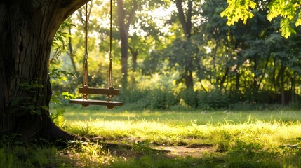 Wooden swing hanging from a tree in a park