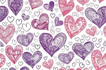 A seamless pattern of intricately drawn hearts in shades of pink and purple.