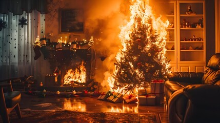 Dramatic image of a burning Christmas tree