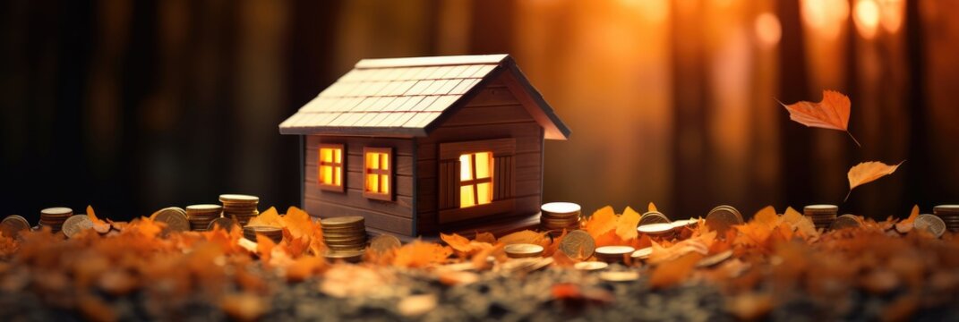 Modern small house model and money coins obn blurred background. Saving money for buying a house. Investment mortgage finance. Advertising concepts of real estate and sales. Banner with copy space