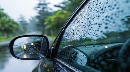 Rainy day driving with limited visibility due to rain drops on the windshield and car mirror. © ImageKing