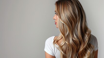 Obraz premium A woman with long hair in the back wearing a white t-shirt, facing away from the camera.