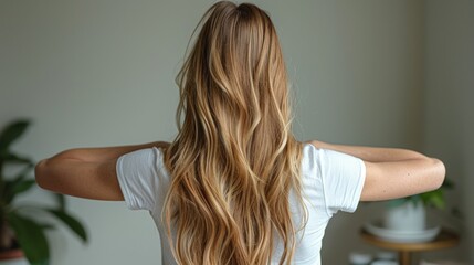 Fototapeta premium A woman with long hair in the back wearing a white t-shirt, facing away from the camera.